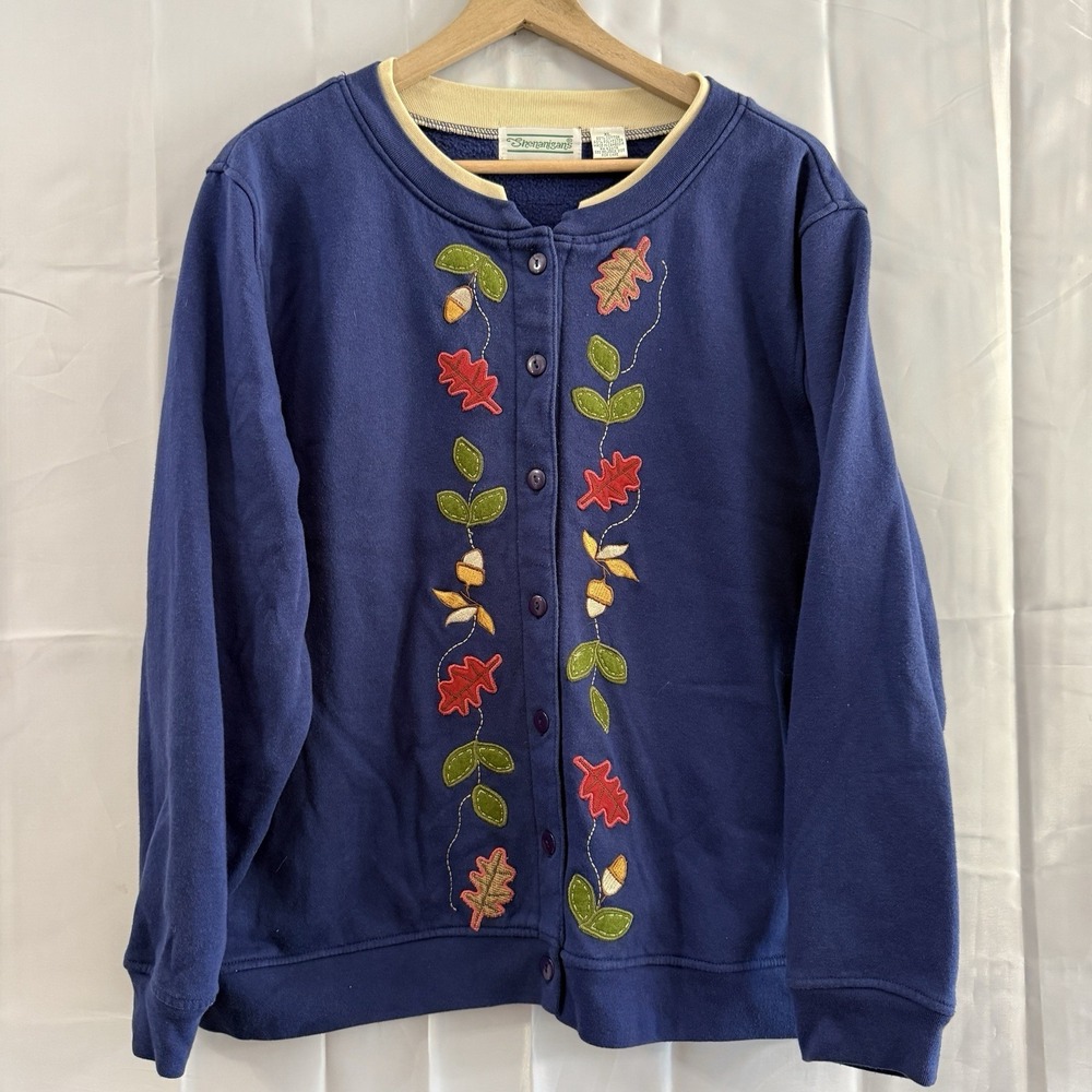 Vintage‎ Shenanigans Womens Blue Cardigan Sweatshirt Embroidered Fall Leaves XL